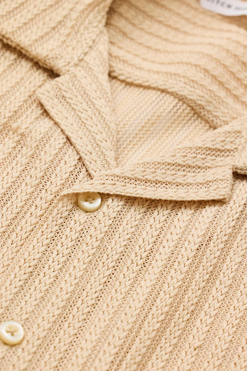 SNITCH Beige Self-Design Box Fit Crochet Shirt